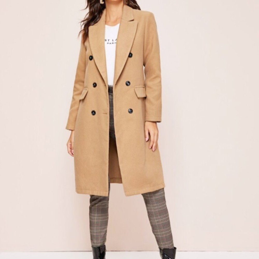 Shein Double Breasted Longline Coat in Camel